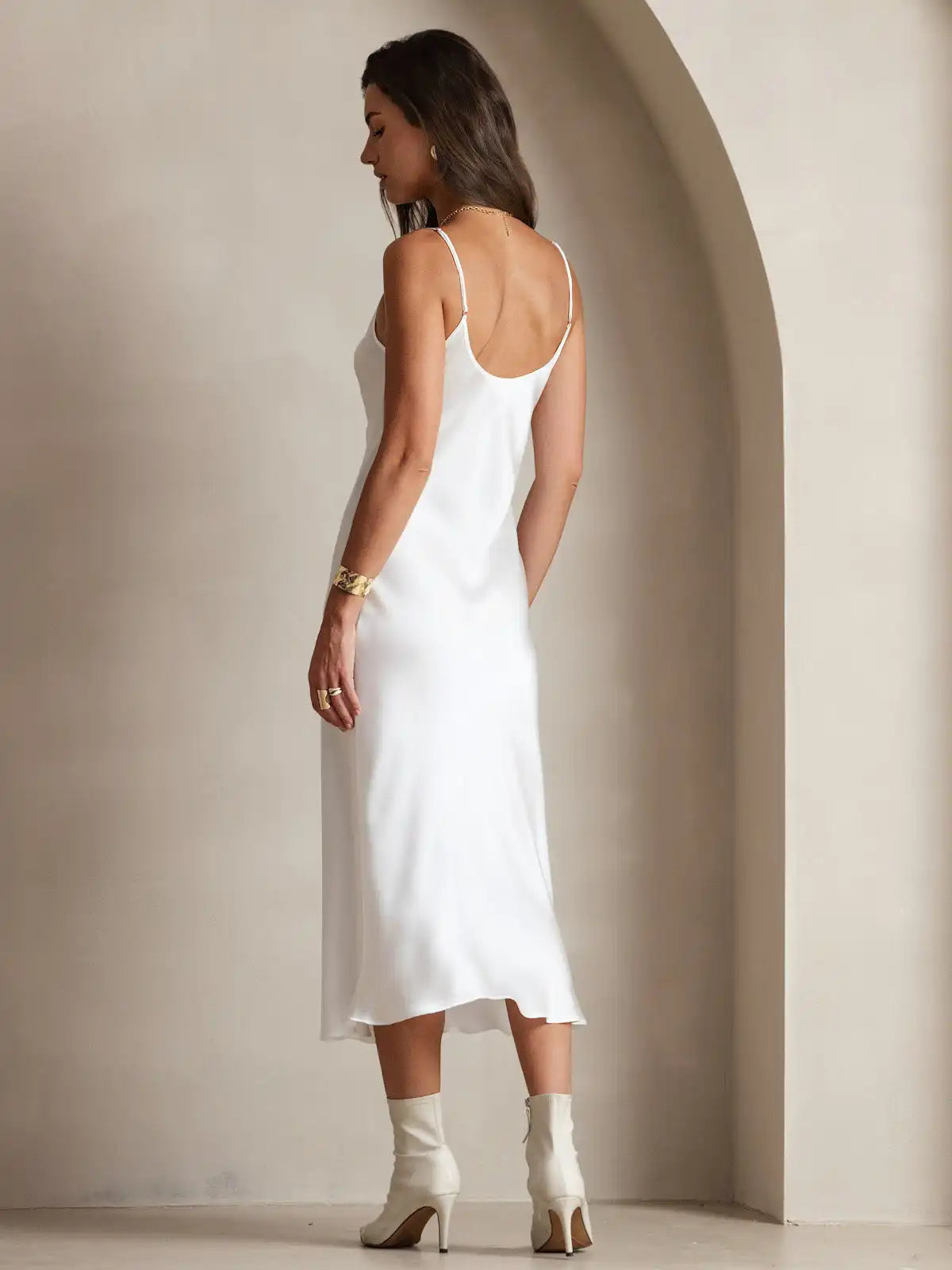 100% Mulberry Silk Spaghetti Strap V Neck Midi Dress