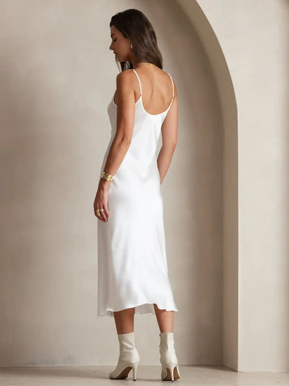 100% Mulberry Silk Spaghetti Strap V Neck Midi Dress