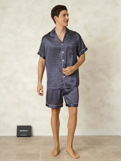 Men's 100% Mulberry Silk Ginkgo Print Short Sleeve Lapel Collar Pajamas Set