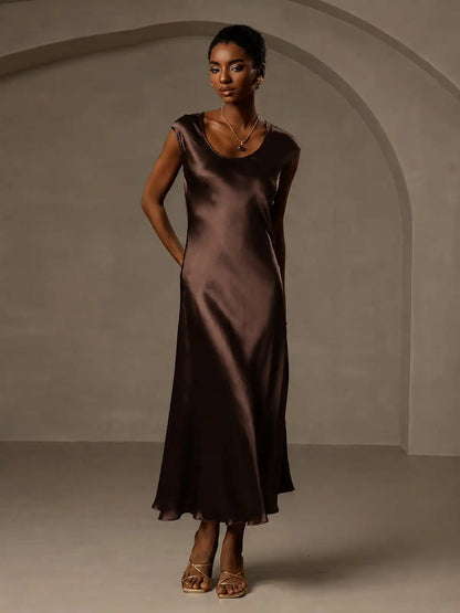 19Momme Silk Cap Sleeve Round Neck Midi Dress