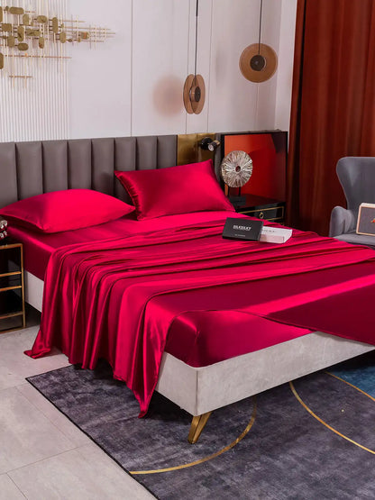 19Momme 4Pcs 100% Mulberry Silk Bedding Set Fitted&Flat Sheets+2x Pillowcases