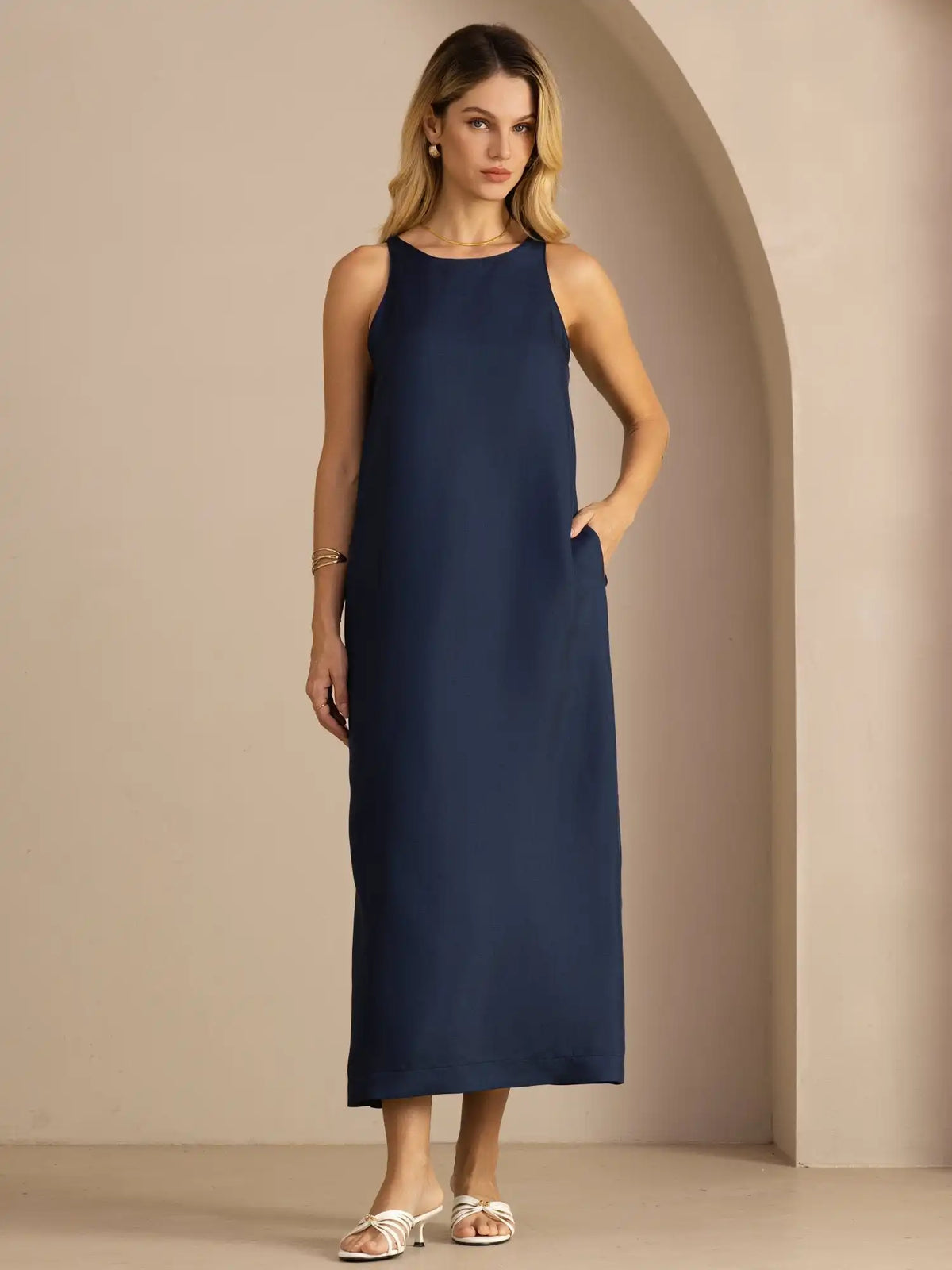 100% Mulberry Silk Crew Neck  Sleeveless Self-Tie Midi Dress