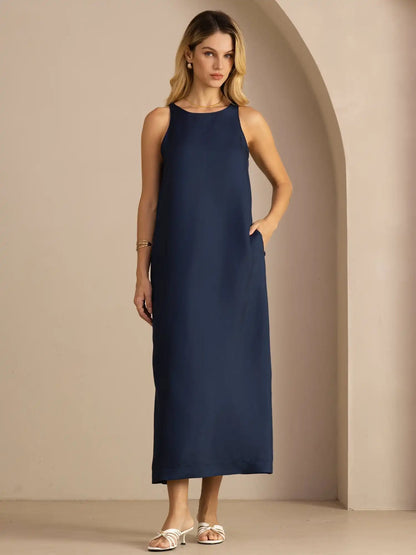 100% Mulberry Silk Crew Neck  Sleeveless Self-Tie Midi Dress