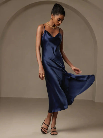 100% Mulberry Silk Spaghetti Strap Cowl Neck Bias Midi Dress with Split Design