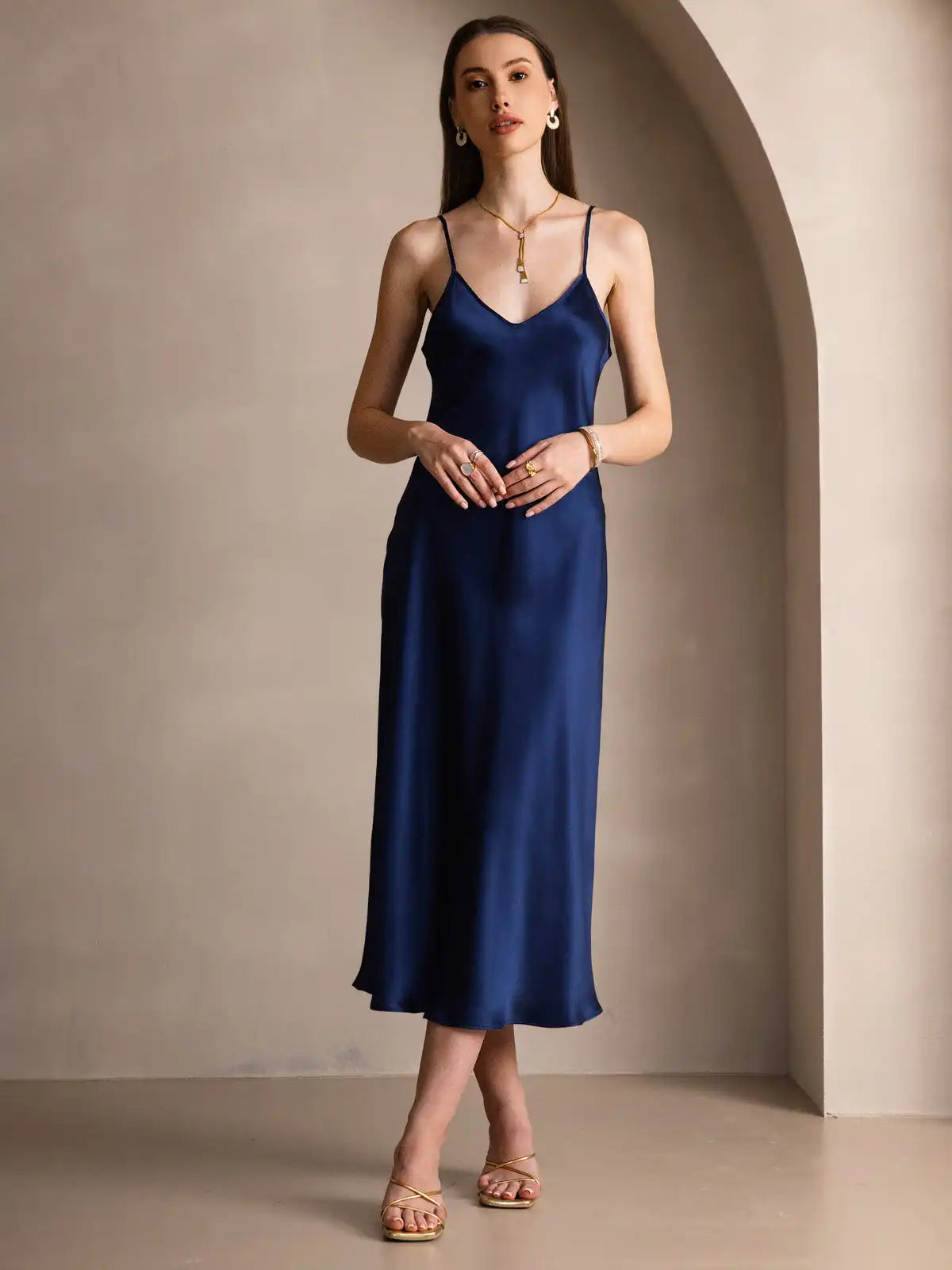 100% Mulberry Silk Spaghetti Strap V Neck Midi Dress