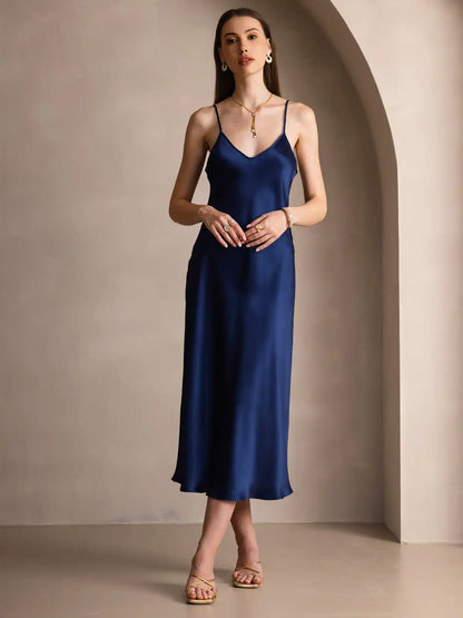 100% Mulberry Silk Spaghetti Strap V Neck Midi Dress