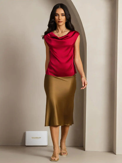 19Momme Silk Cap Sleeve Cowl Neck Women's Top