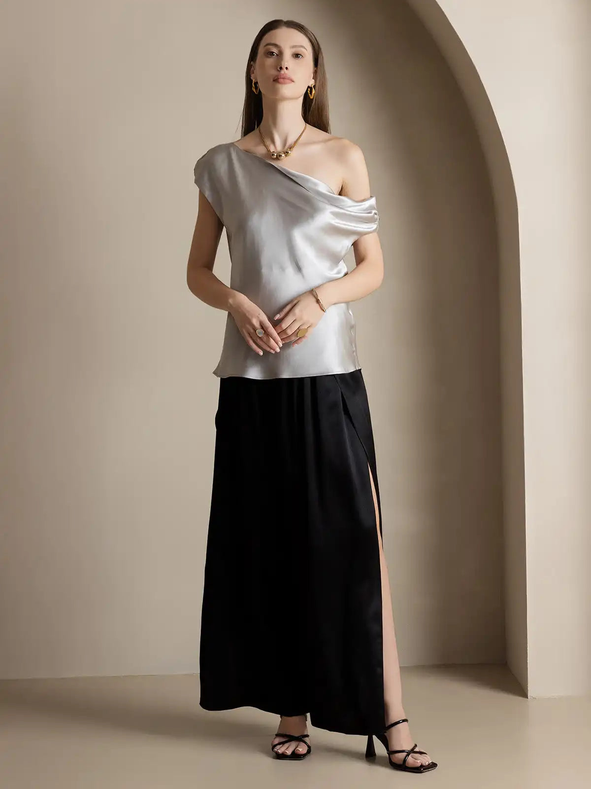 19Momme Silk Fashionable Flowy High-Slit Palazzo Pants
