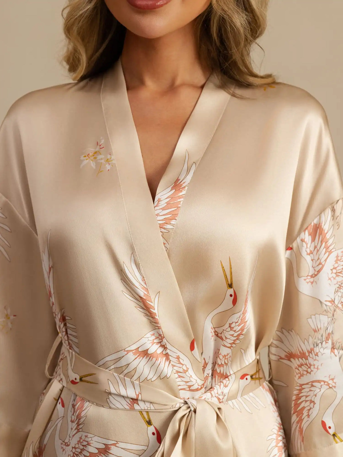 Clearance - 19Momme 100% Mulberry Silk Crane Print Belted Wrap Women's Kimono Robe