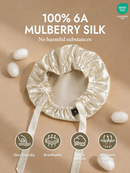 100% Mulberry Silk Sleep Bonnet with Ribbons