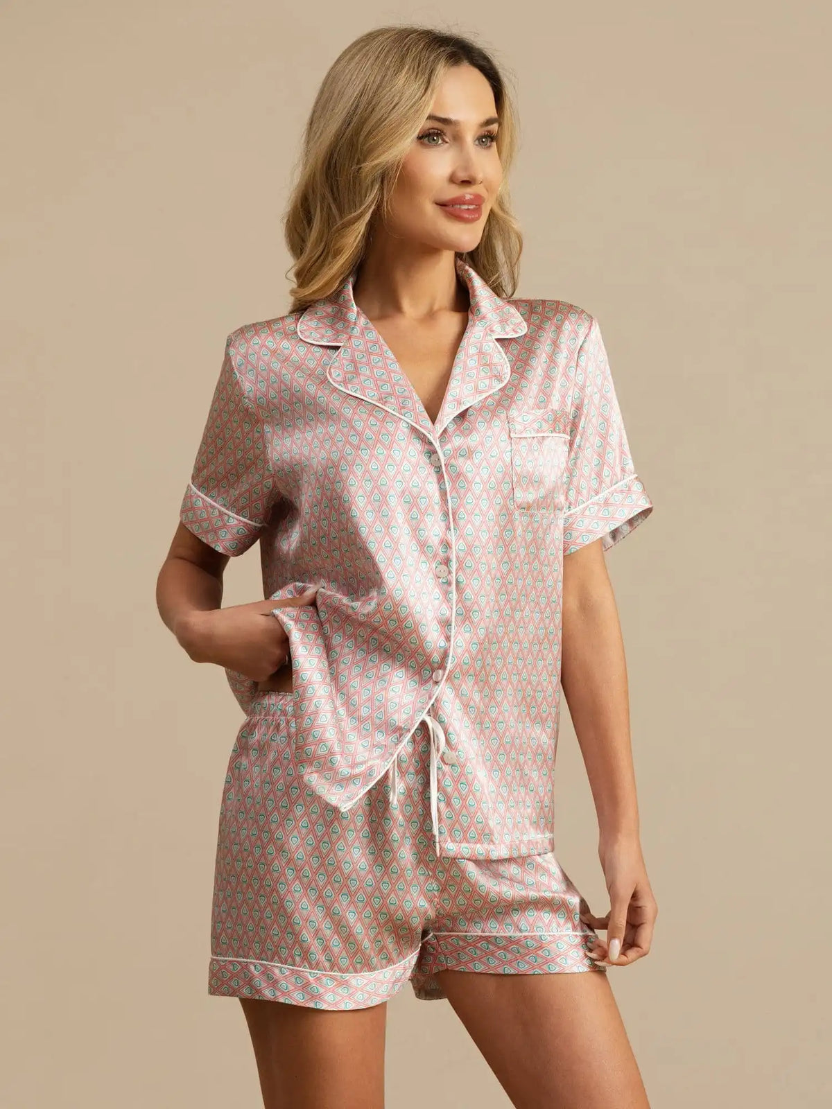 Clearance - 100% Mulberry Silk Geometric Print Short Sleeve Notch Collar Women's Pajamas Set