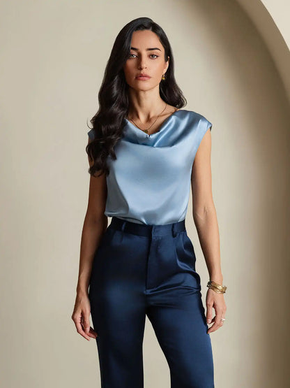 19Momme Women's Silk Cap Sleeve Cowl Neck Top
