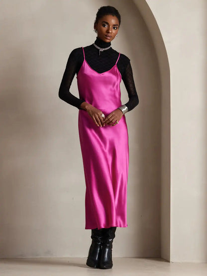 100% Mulberry Silk Spaghetti Strap V Neck Midi Dress