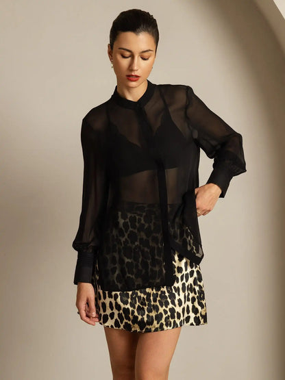 100% Mulberry Silk Long Sleeve Split Sheer Blouse
