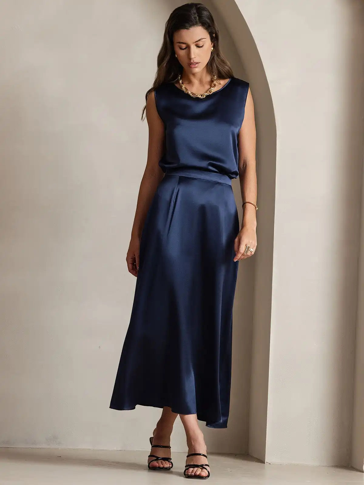 Clearance - 19Momme Silk A Line Maxi Skirt with Zipper Design