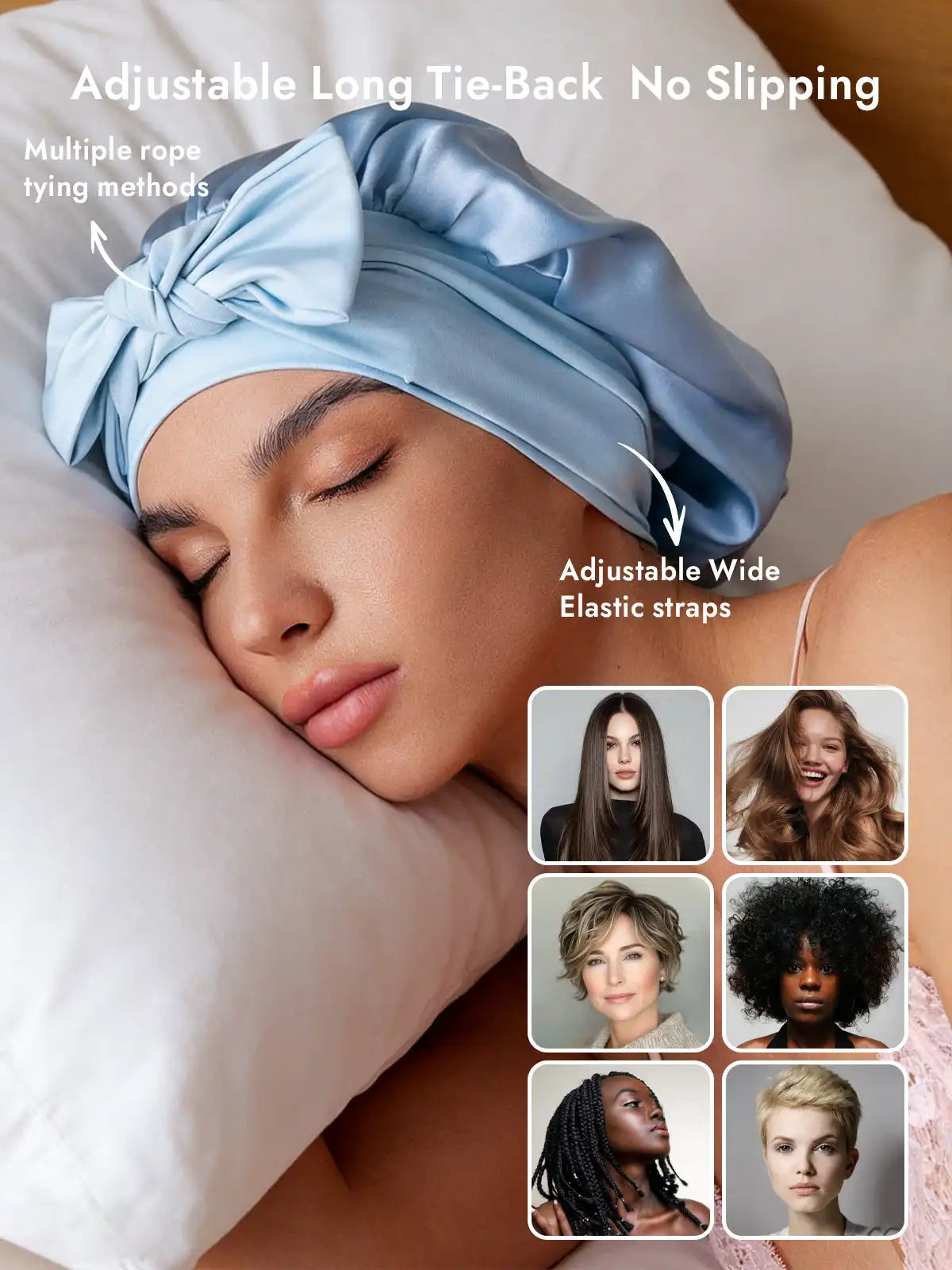 100% Mulberry Silk Bonnet Bowknot Tie Sleep Cap for Hair Protection
