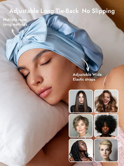 100% Mulberry Silk Bonnet Bowknot Tie Sleep Cap for Hair Protection