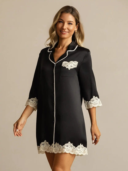 100% Mulberry Silk Button Up Nightshirt with Lace Design