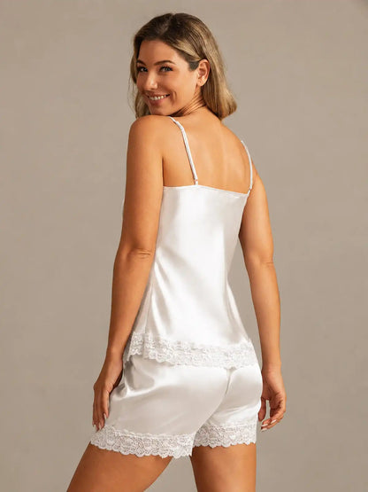 100% Mulberry Silk Lace Trim Spaghetti Strap V Neck Sexy Camisole Set