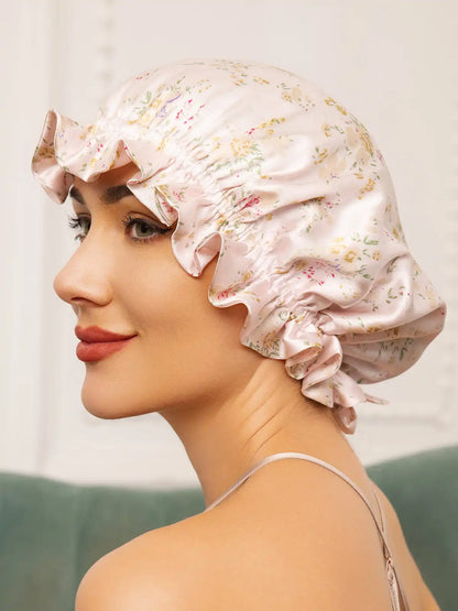 100% Mulberry Silk Sleep Cap Double Layer Bonnet with Ribbon