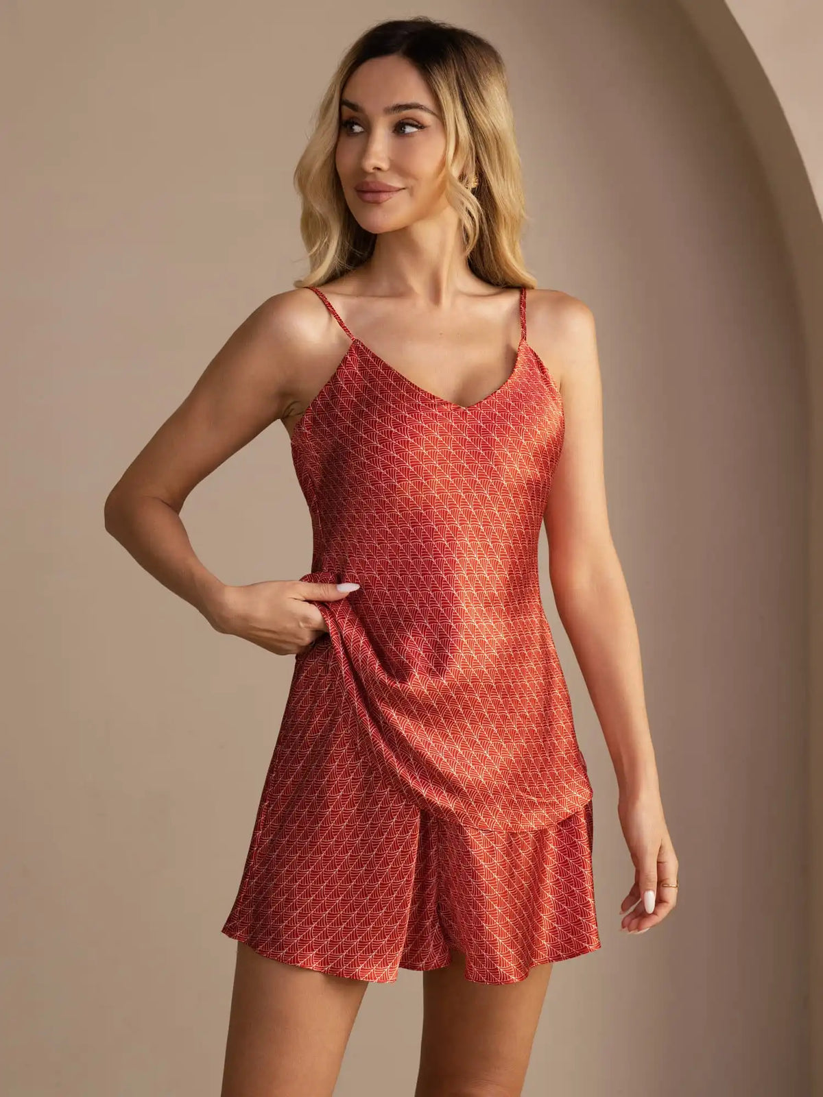 100% Mulberry Silk Navy Ginkgo Print Spaghetti Strap V Neck Camisole Set