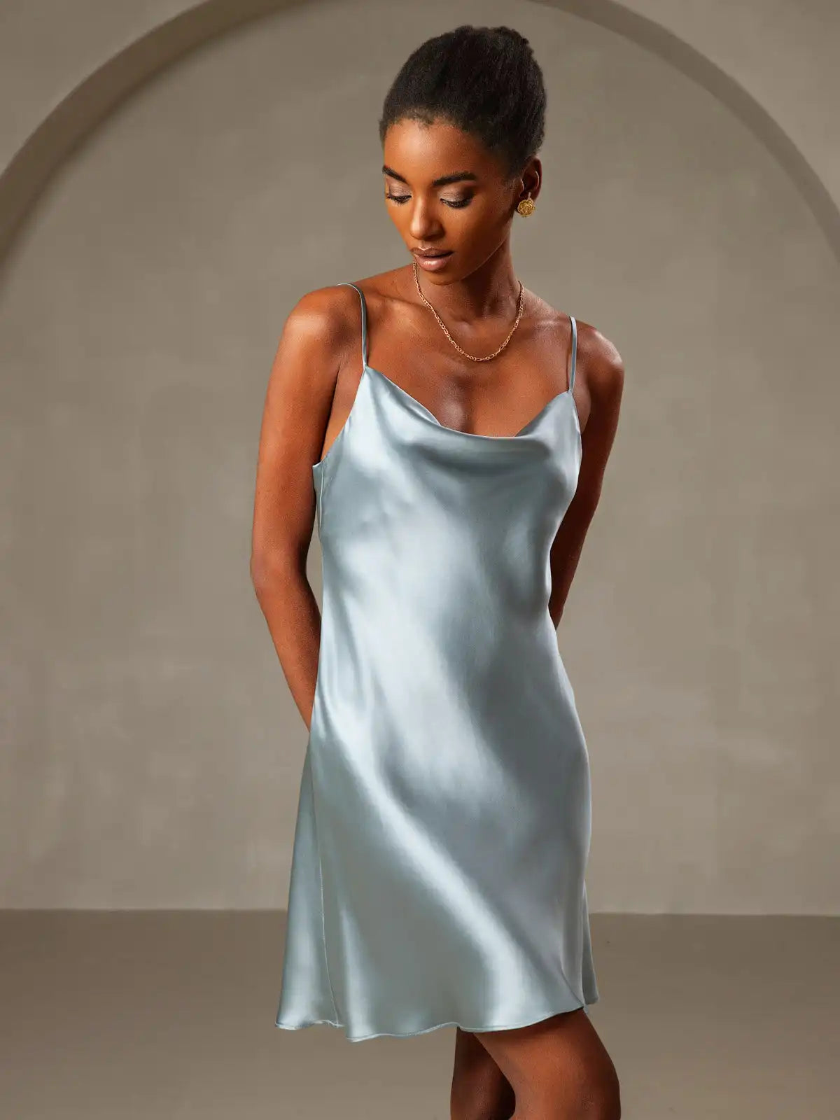 100% Mulberry Silk Spaghetti Strap Cowl Neck Short Nightgown