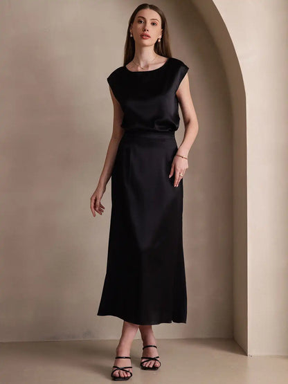 Clearance - 19Momme Silk A Line Maxi Skirt with Zipper Design