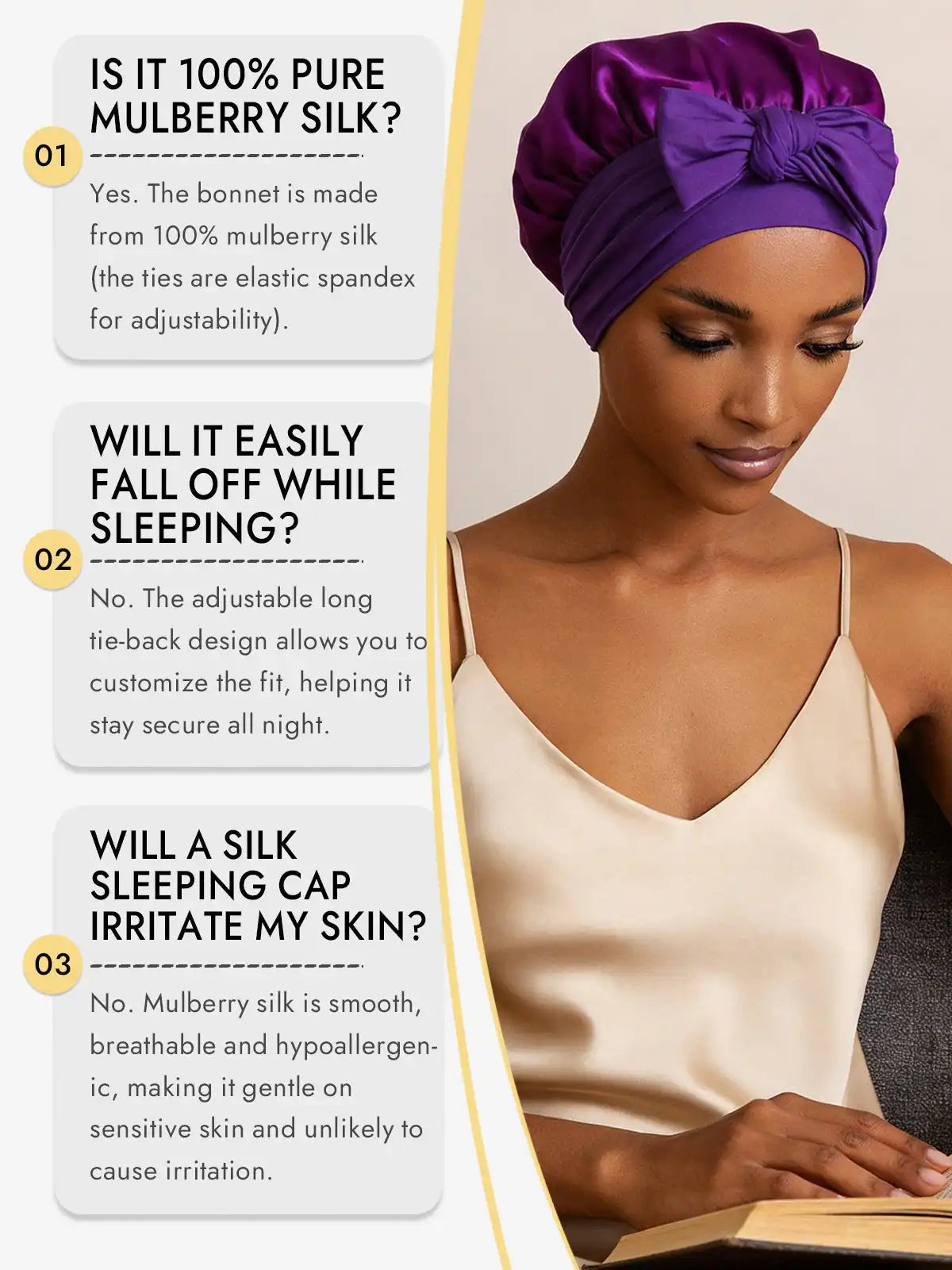 100% Mulberry Silk Bonnet Bowknot Tie Sleep Cap for Hair Protection
