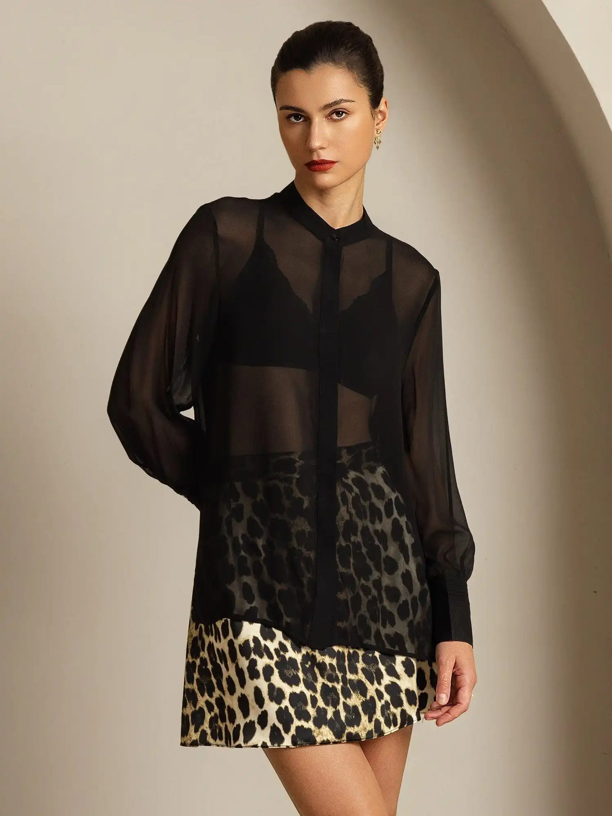 100% Mulberry Silk Long Sleeve Split Sheer Blouse