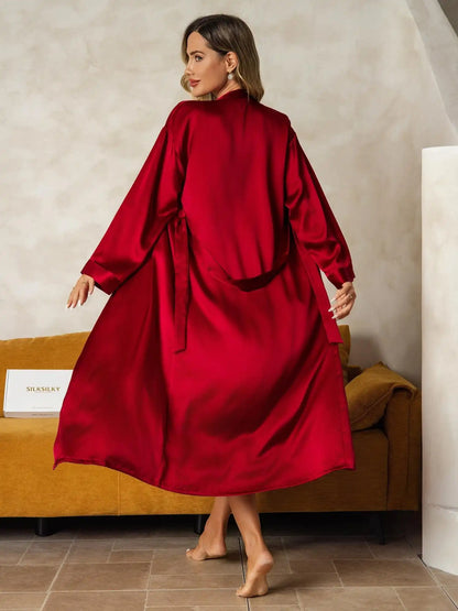 100% Mulberry Silk V-Neck Midi Nightgown & Robe Set 2Pcs