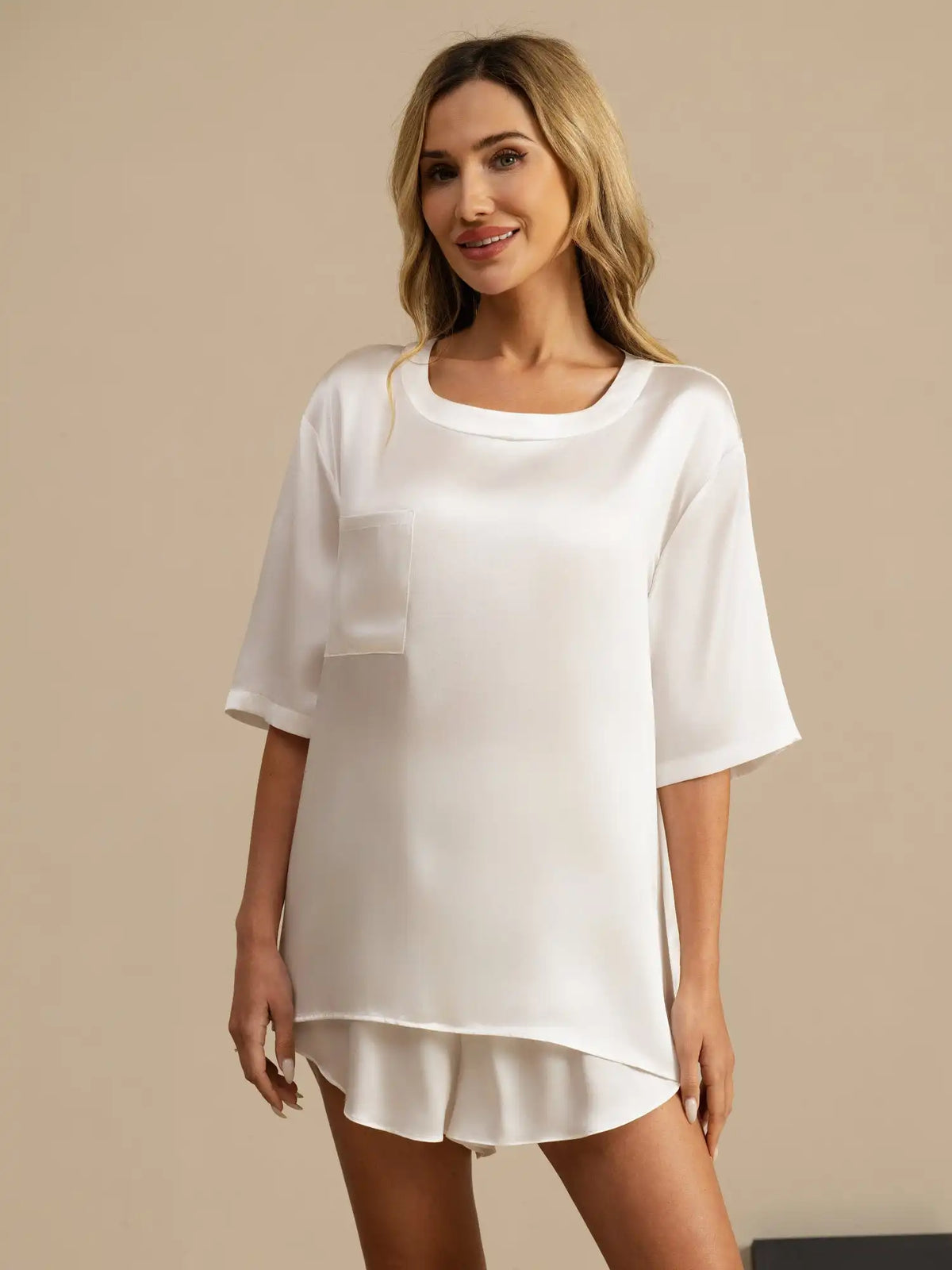 100% Mulberry Silk Short Sleeve Round Neck Womens Sleep Tee (Shorts Not Included)