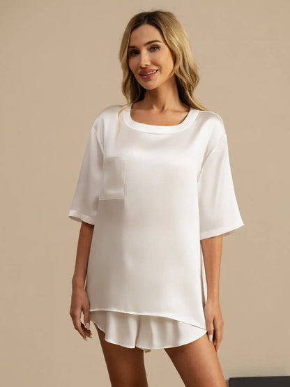100% Mulberry Silk Short Sleeve Round Neck Womens Sleep Tee (Shorts Not Included)