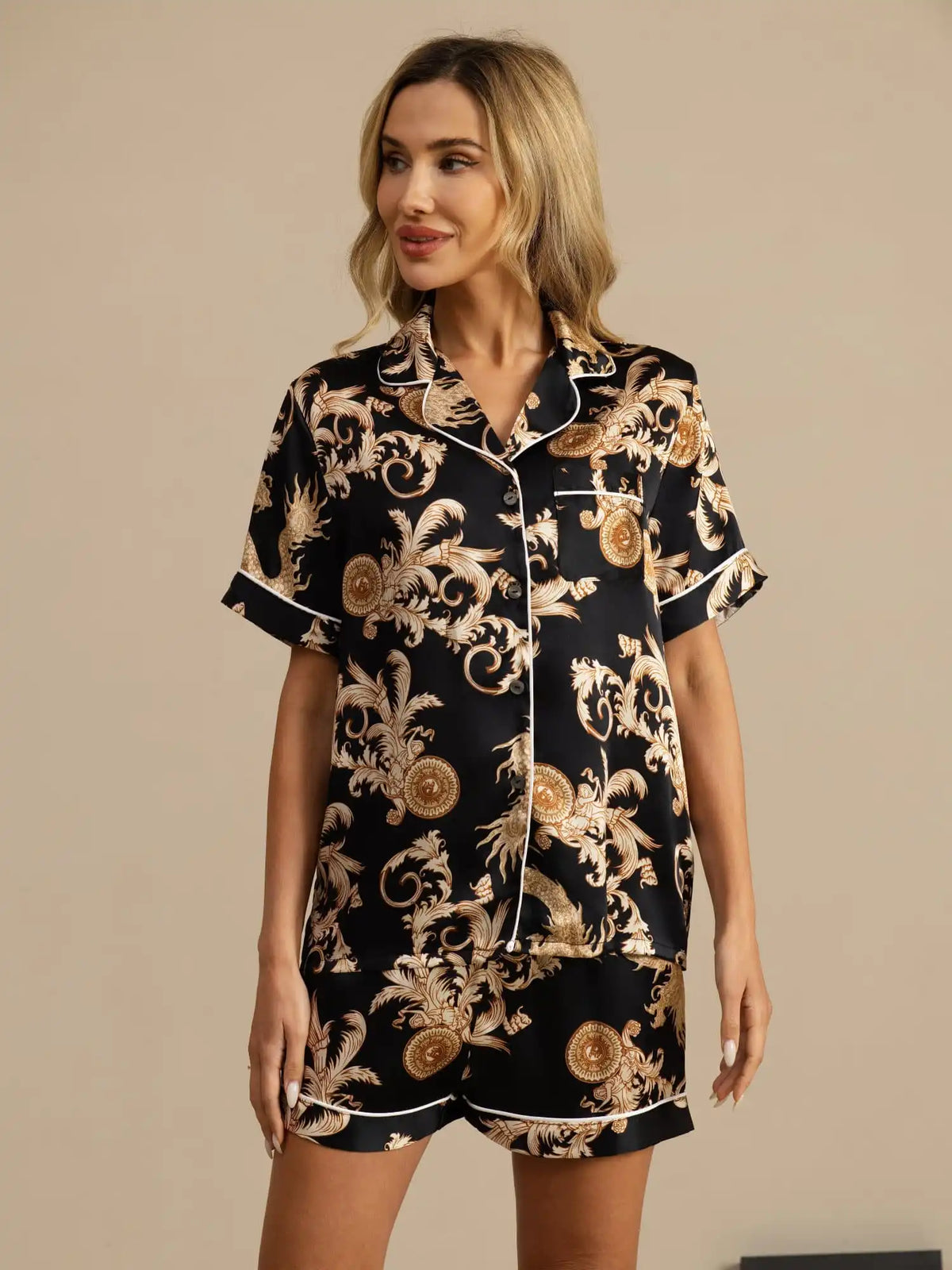 Women's 100% Mulberry Silk Dragon Print Short Sleeve Notch Collar Pajamas Set With Shorts