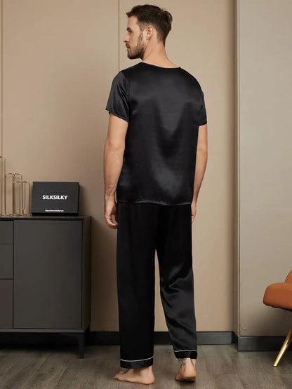 100% Mulberry Silk Short Sleeve Round Neck Men's Pajamas Set with Pants
