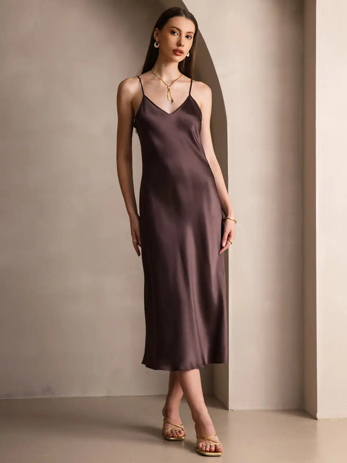 100% Mulberry Silk Spaghetti Strap V Neck Midi Dress