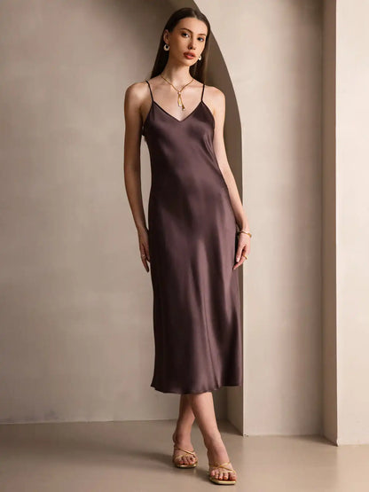 100% Mulberry Silk Spaghetti Strap V Neck Midi Dress