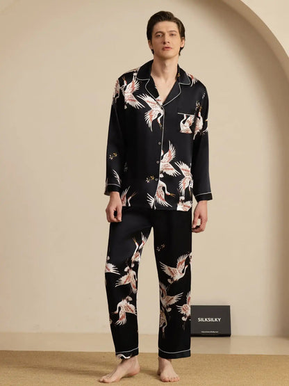 Clearance - 19Momme 100% Mulberry Silk Men's Crane Print Long Sleeve Notch Collar Pajamas Set
