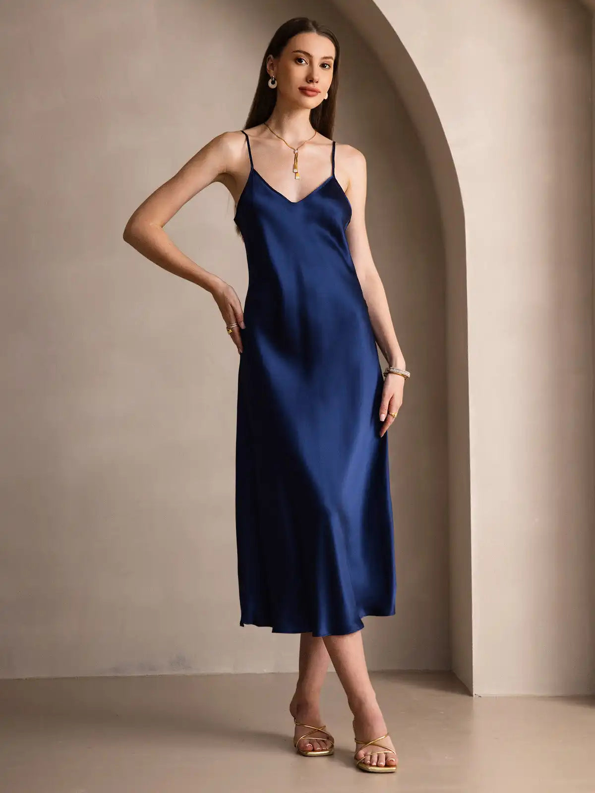 100% Mulberry Silk Spaghetti Strap V Neck Midi Dress