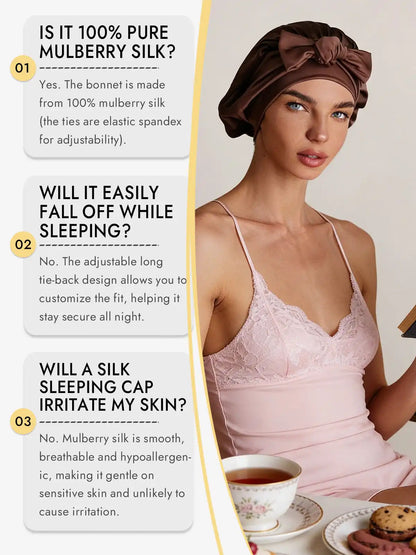 100% Mulberry Silk Bonnet Bowknot Tie Sleep Cap for Hair Protection