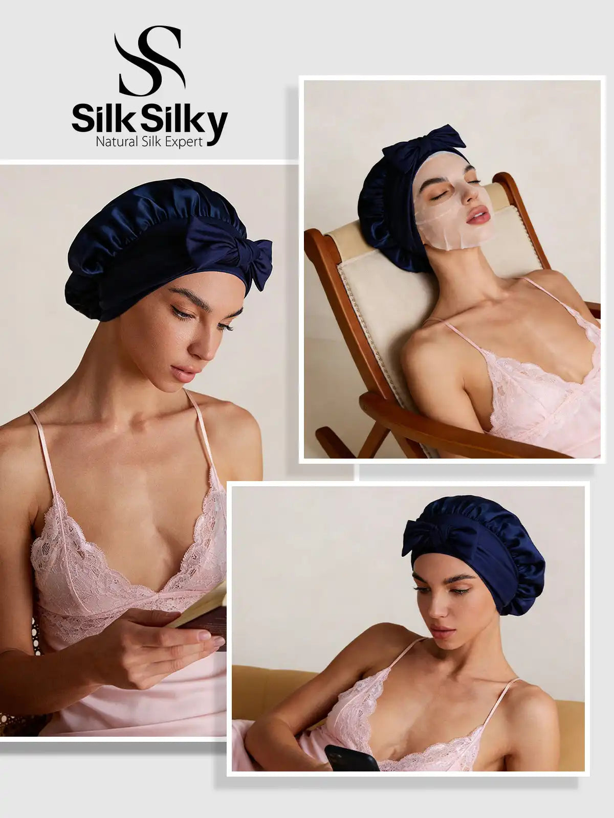 100% Mulberry Silk Bonnet Bowknot Tie Sleep Cap for Hair Protection