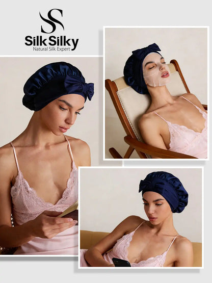100% Mulberry Silk Bonnet Bowknot Tie Sleep Cap for Hair Protection