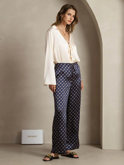 19Momme Silk Chain Print Wide Leg Women's Pants With Side Pockets Design