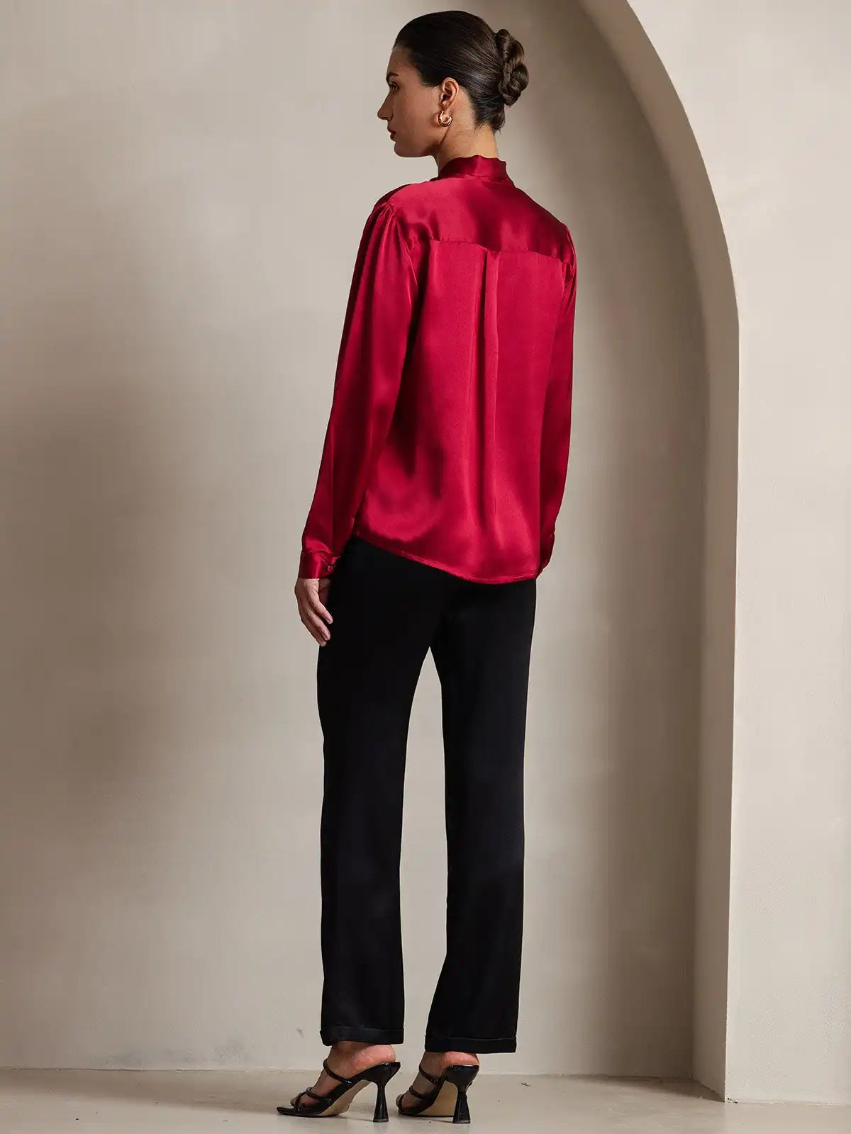 Elegant 19Momme Silk Long Sleeve Tie Neck Blouse