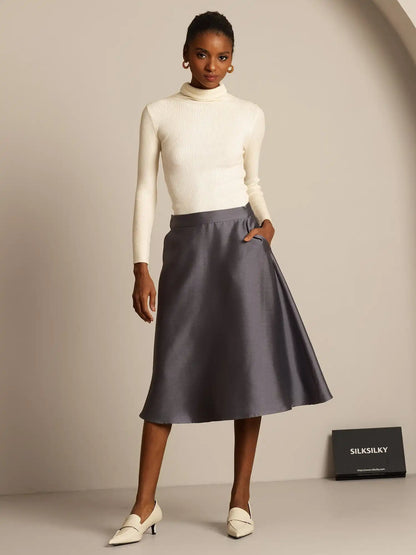 32Momme Silk-Wool Blend  A Line Midi Skirt with Zipper Deign
