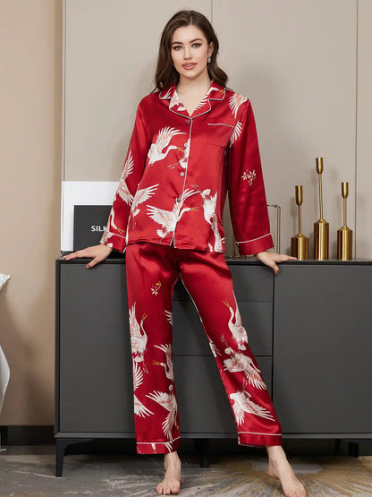 19Momme Women's 100% Mulberry Silk Crane Print Long Sleeve Notch Collar Pajamas Set