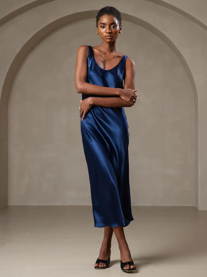 100% Mulberry Silk Sleeveless U Neck Midi Long Dress