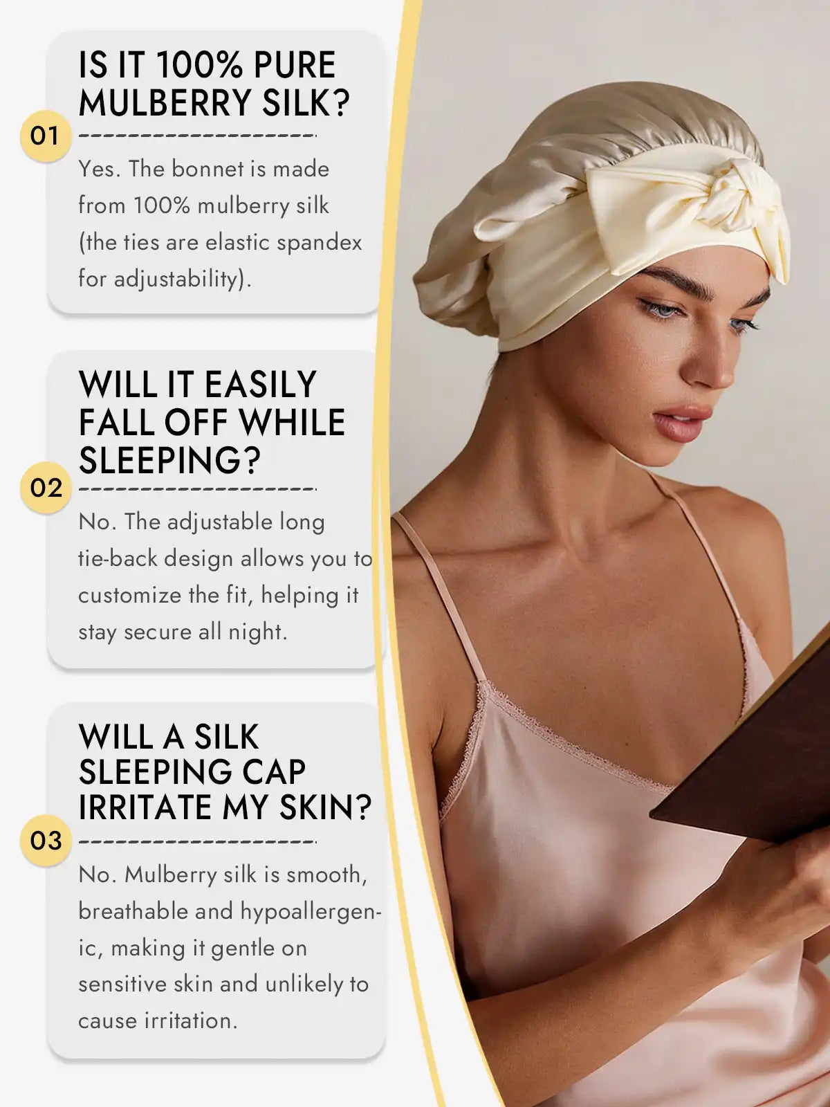 100% Mulberry Silk Bonnet Bowknot Tie Sleep Cap for Hair Protection
