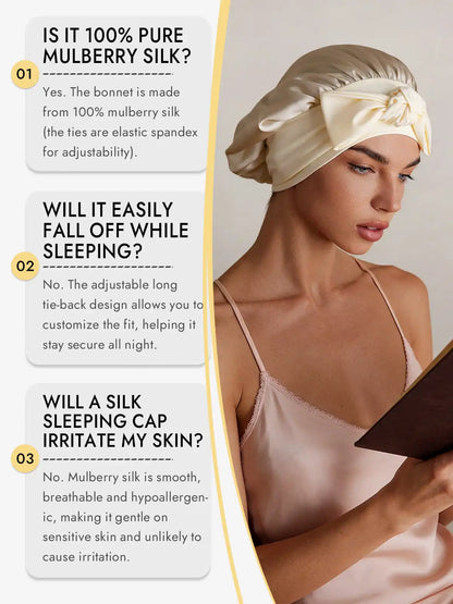 100% Mulberry Silk Bonnet Bowknot Tie Sleep Cap for Hair Protection