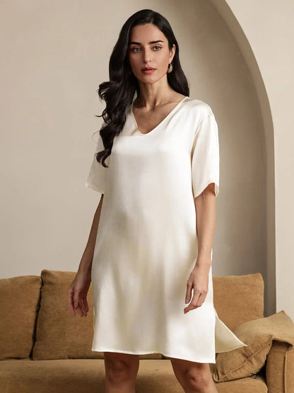 100% Mulberry Silk Half Sleeve V-neck Short Nightgown with Split Design