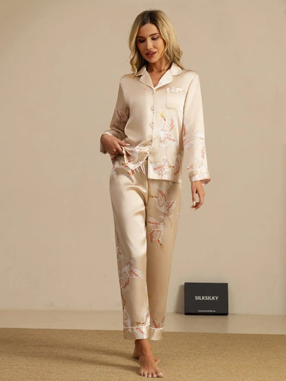 Clearance - 19Momme Women's Crane Print Long Sleeve 100% Mulberry Silk Pajamas Set